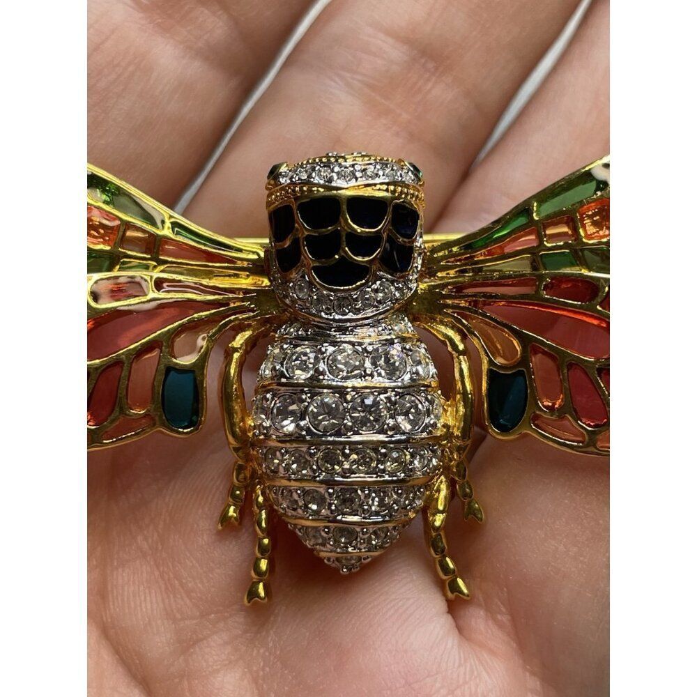 Vintage Joan Rivers Plique A Jour Stain Glass Enamel Crystal Cicada Bug Brooch - Picture 5 of 13